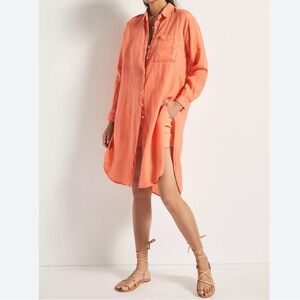 Anthropologie Relaxed Long Sleeve Button Down 100% Linen Tunic Coral Size XS
